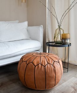 Leder Pouffe - Karamellbraun | 55x35 cm rund Ottomane