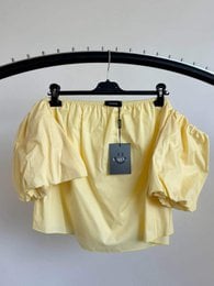 "Women's off-shoulder t-shirt, yellow cotton, short puffed sleeves, casual style, available in multiple colors"