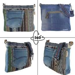 Sunsa Bæredygtig Skuldertaske til kvinder. Skuldertaske lavet af genbrugte jeans og bomuld. Håndtaske vintage retro stil. Crossbody taske til kvinder.