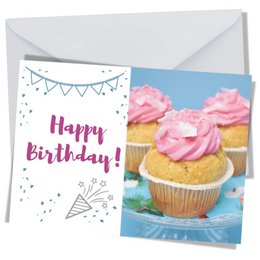 A colorful birthday card featuring a cupcake with pink frosting, surrounded by macarons and flowers. The card has the text "Happy Birthday!" in a stylized font.

The image shows a birthday card with a cupcake as the main focus. The cupcake has pink frosting and appears to be decorated with sprinkles or small candies. Surrounding the cupcake are several colorful macarons in various pastel shades. The background features a soft blue sky with some floral elements, such as purple flowers, adding to the festive and celebratory atmosphere.

The text on the card reads "Happy Birthday!" in a stylized, cursive-like font, emphasizing the celebratory nature of the card.

This birthday card would be suitable for a variety of occasions, from a child's birthday to a more formal adult celebration. The combination of the cupcake, macarons, and flowers creates a visually appealing and festive design that captures the essence of a birthday celebration.