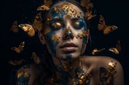 Vibrant golden butterfly-adorned poster featuring a striking portrait with a mysterious, ethereal quality. Suitable for home decor or artistic display.