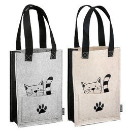  Two reusable gift bags featuring a cat graphic and paw print design, available in gray and beige colors, measuring approximately 30 cm in height.