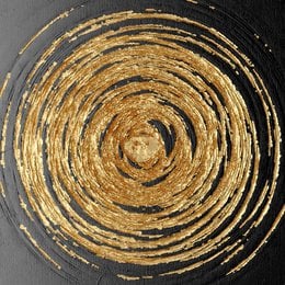 Circular abstract painting in black and gold tones. Textured, swirling design with metallic accents.