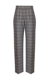 Grey straight-leg wool trousers with pressed crease and check pattern, made in Italy, available in sizes 40, 42, and 44.