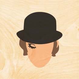 Poster featuring a minimalist illustration of a person wearing a bowler hat, with a wooden background.