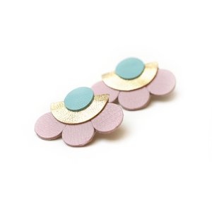 Large Flowers Stud Earrings - pink gold blue leather