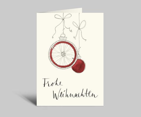 Christmas card for racing cyclists | Merry Christmas | red balls and rear wheel