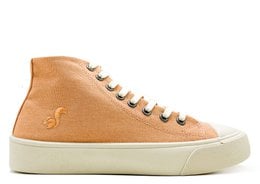 High-top vegan sneaker in apricot color with lace-up closure and rubber sole.