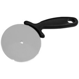 A round, stainless steel pizza cutter with a black handle. The cutter has a sharp, circular blade for easily slicing through pizza.