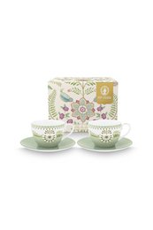  Set of 2 light green cups and saucers with floral pattern, 280ml capacity.