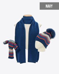 Grey knitted mittens with striped pattern, available in navy, mink, grey, and black colors.