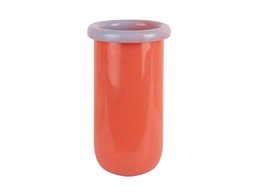  Tall cylindrical vase, coral red color, modern minimalist design, smooth glossy finish, medium size