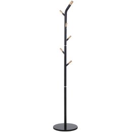 Black metal coat rack with 6 natural wood knobs and a marble base.