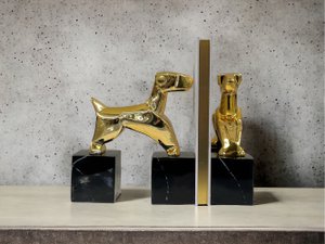 Modernist Art Deco Chrome Terrier Statues Puppy Bookends (Set of 2)