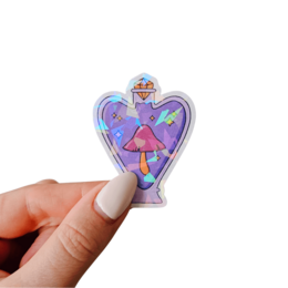 Holographic sticker with a magical potion design, featuring vibrant colors and whimsical mushroom shapes.