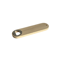  Wooden bottle opener with a simple, rectangular shape and a metallic ring for easy grip and use.