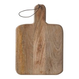 Rectangular wooden cutting board with a leather strap for hanging.