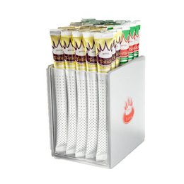  Colorful display of tea products with various flavors and designs. The display features tall, cylindrical tea containers with leaf-shaped graphics and text labels indicating the tea flavors.