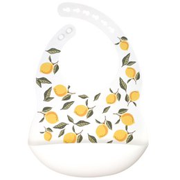 White silicone bib with lemon print pattern. Durable, waterproof, and easy to clean. Suitable for babies and toddlers.