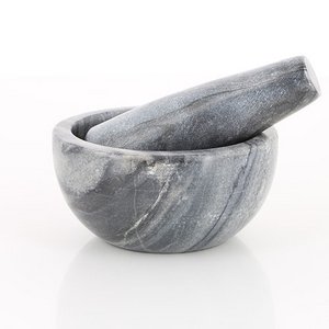 Vijzelmolen Ø 7,5 cm met marmeren stamper, fairtrade uit India, grijs/zwart, keukenhulp voor handmalen