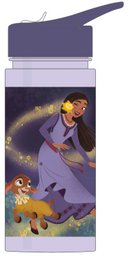  A purple water bottle with a cartoon image of a woman surrounded by small creatures.