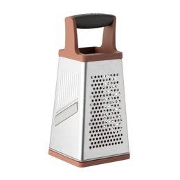 Stainless steel grater with perforated sides and a wooden handle. Suitable for grating a variety of foods.
