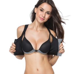 Black sports bra with clip and zip closure, designed for fitness activities. Available in sizes S, M, L.