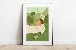 Vibrant art print featuring a whimsical illustration of a woman surrounded by nature elements like trees, flowers, and a crescent moon. The print has a warm, earthy color palette and a stylized, abstract design.