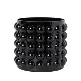 A tall, wide glass vase with a bubble design in a sleek black color. The vase features a series of raised bubble-like shapes across the surface, creating a unique and modern aesthetic. This vase would be suitable for displaying flowers or other decorative items in an elegant and contemporary setting.