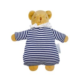 Soft, cuddly plush bear toy with a blue and white striped outfit. The bear has a round, fuzzy body and a sweet, friendly expression.