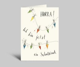 Folded card with envelope featuring a whimsical design and the text "Have fun at school" in a handwritten style.