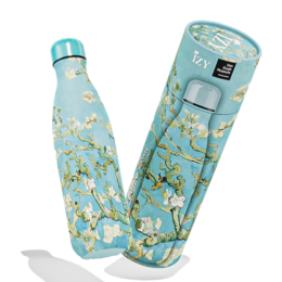 Almond Blossom - Van Gogh - 500ML Thermos Bottle. Turquoise blue bottle with floral print inspired by Van Gogh's Almond Blossom painting. Keeps drinks hot for 12 hours and cold for 24 hours. Made of stainless steel with a 500ml capacity.