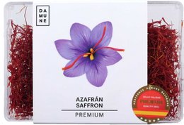 Premium saffron threads in 5g package. Vibrant purple flower with orange stigmas. Saffron is a prized spice with a distinctive flavor and aroma.
