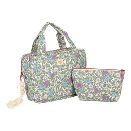  Pastel floral makeup bag set with a colorful, whimsical floral pattern in shades of green, purple, and pink. Includes a main makeup bag and a smaller pouch for storage and organization.