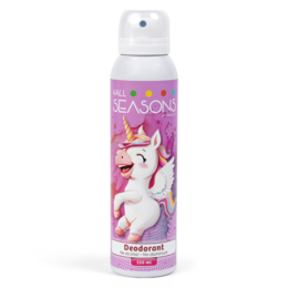 Unicorn-themed deodorant spray for kids, featuring a vibrant pink and purple design with a unicorn graphic. Provides effective odor protection in a fun, whimsical package.