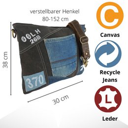 Sunsa Bæredygtig Skuldertaske til kvinder. Skuldertaske lavet af genbrugte jeans & canvas (canvas). Håndtaske i vintage retro stil. Crossbody taske til kvinder.