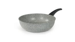 A large, round, gray sauté pan with a black handle. The pan appears to be made of a durable, non-stick material suitable for induction cooking.