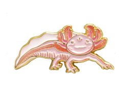 Pink and gold enamel axolotl pin with coral details, cute amphibian design for kids.