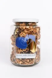 Dark chocolate granola with crunchy clusters, made with Belgian chocolate and natural ingredients.