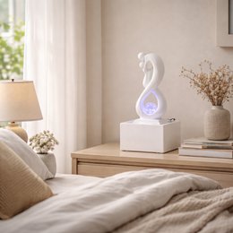 Modern indoor fountain with white lovers sculpture, colorful LED light, and rotating ball. Contemporary home decor piece made of durable materials.