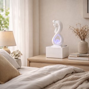Indoor Fountain - Amor White - Modern with Colorful LED Light - Removable Lovers Sculpture - Contemporary Home Decor - Rotating Ball