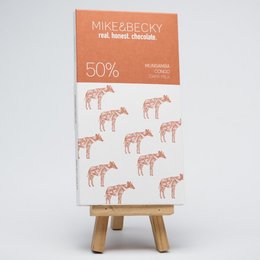 50% dark milk chocolate bar from Congo, with a BIO certification and an intricate pattern of zebra-like animals printed on the packaging.