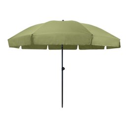  A large, sage-colored sun umbrella with a sturdy metal frame and 8 ribs. The umbrella provides ample shade and is suitable for outdoor use, such as at a patio or garden.