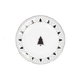  A round white ceramic breakfast plate with a black Christmas tree design and a border of small black tree shapes.