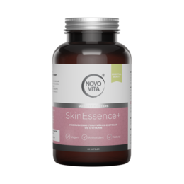 Skin Essence+ is a dietary supplement containing a blend of natural ingredients to support skin health. The product comes in a brown glass bottle with a silver lid.
