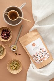 Organic Sweet Dreams relaxation tea, featuring a blend of soothing herbs and botanicals for a calming bedtime ritual.