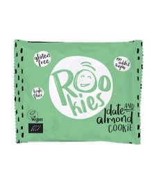Organic cookie with dates and almonds, green packaging with brand logo.