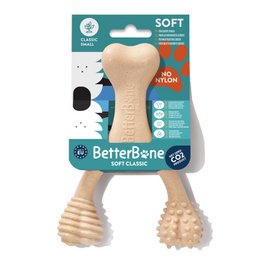  Soft, CO2 neutral dog chew toy made in Europe without nylon. Bone-shaped with textured surface for dental health.