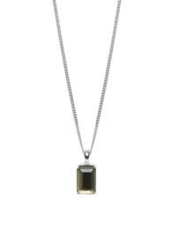 Chocolate silver necklace with a rectangular pendant.