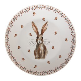 Beige and brown round dinner plate with a decorative border and a central image of a rabbit.